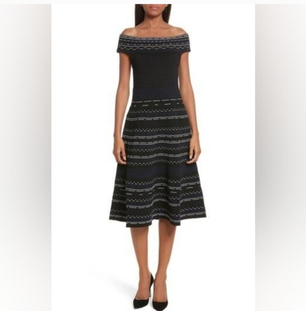 Ted Baker Romarni Off The Shoulder Flare Ribbed Knit Exposed Gold Zipper Black 6
